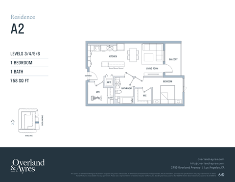 A floor plan for a residence labeled A2 shows a kitchen, living room, dining room, and two bedrooms.